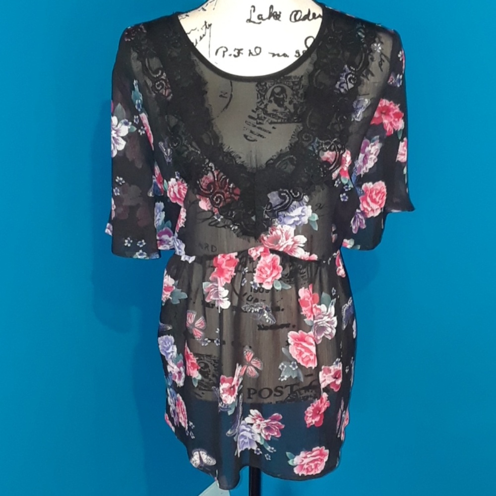Torrid Black Sheer Floral/Butterfly Babydoll Top